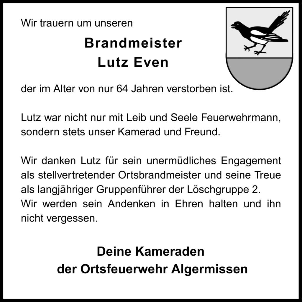 Traueranzeige des verstorbenen Kameraden Lutz Even